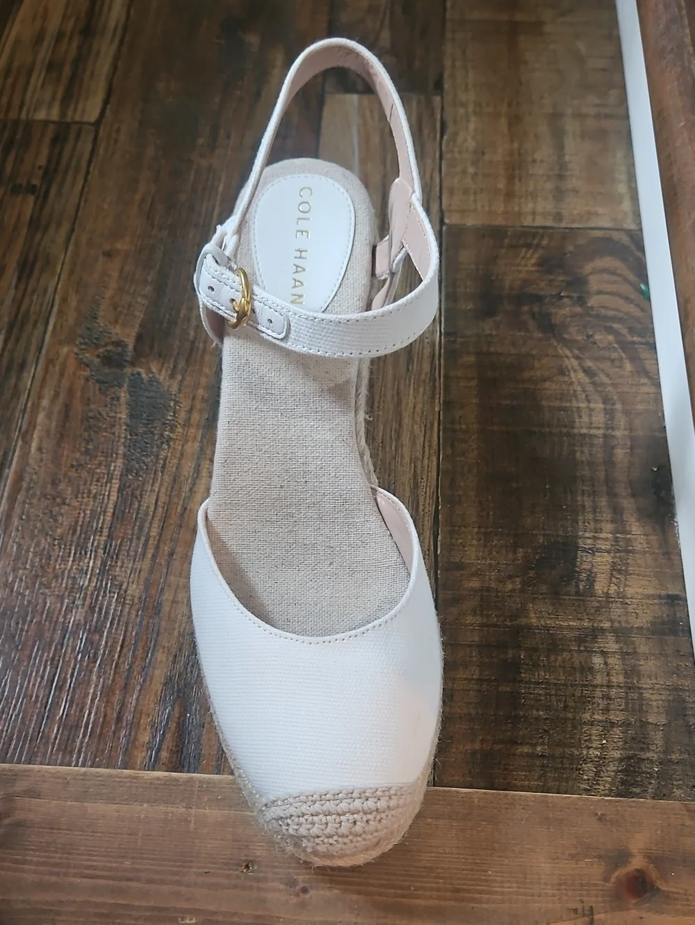 Cole Haan White Canvas Espadrille Wedge Sandals with Ankle Strap and Gold Buckle
